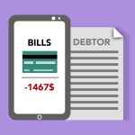 Ilustração de um smartphone com cartão na tela ao lado de contas e documento de cobrança sobre fundo roxo